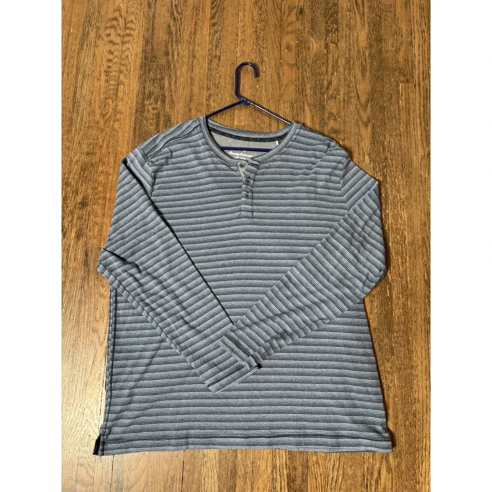 Tommy Bahama Mens XXL Long Sleeve Striped Henley Shirt Blue Organic Cotton